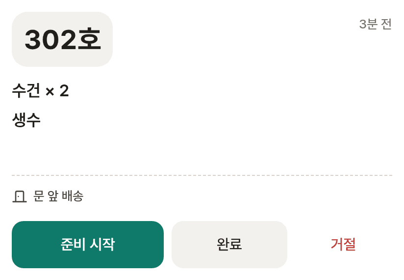 직원 실시간 보드 — 방 번호·품목이 정리된 카드